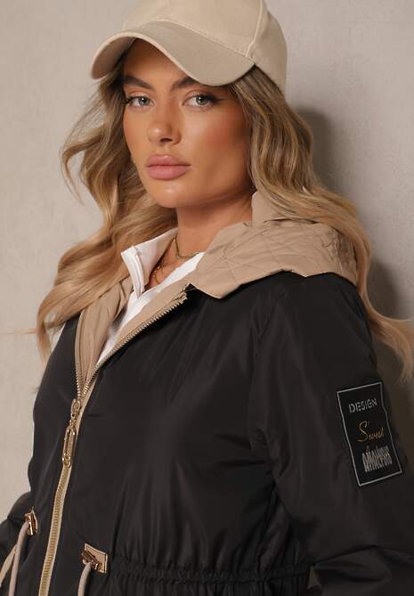 Czarna Kurtka o Kroju Parki z Kapturem i Ściągaczem w Talii Zizana
