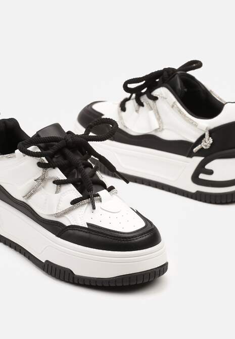 Biało-Czarne Sneakersy na Platformie z Paskiem z Cyrkonii Aneolin