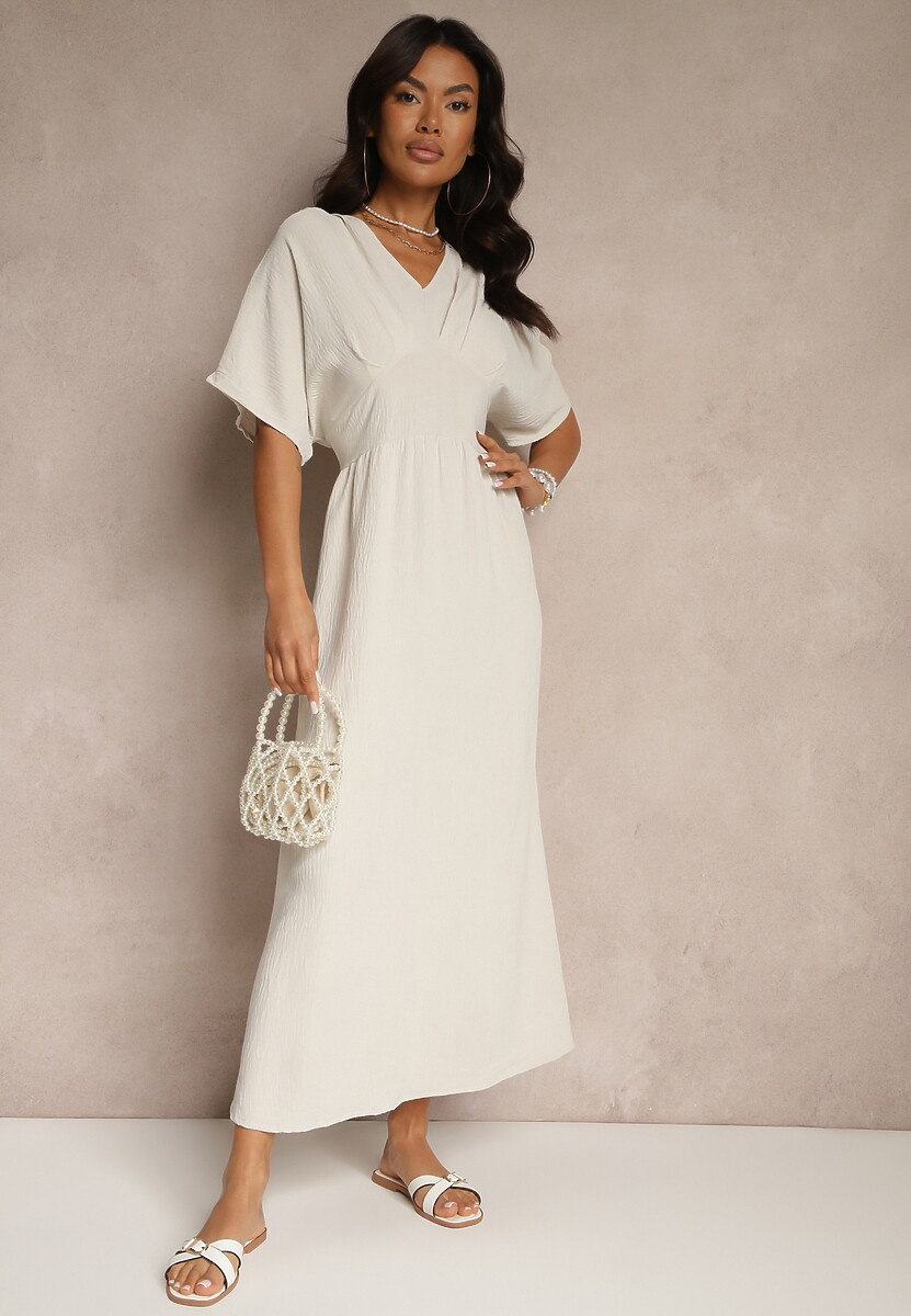 Jasnobeżowa Sukienka z Bawełną i Marszczoną Górą Filaviela