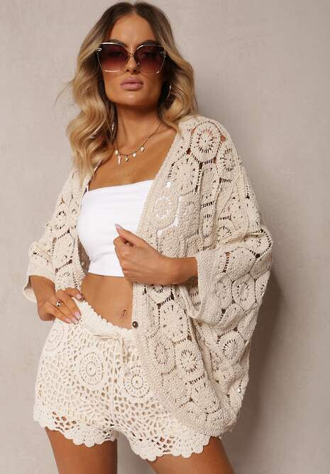Beżowa Narzutka Kardigan z Bawełny o Ażurowym Wykończeniu Olvitela
