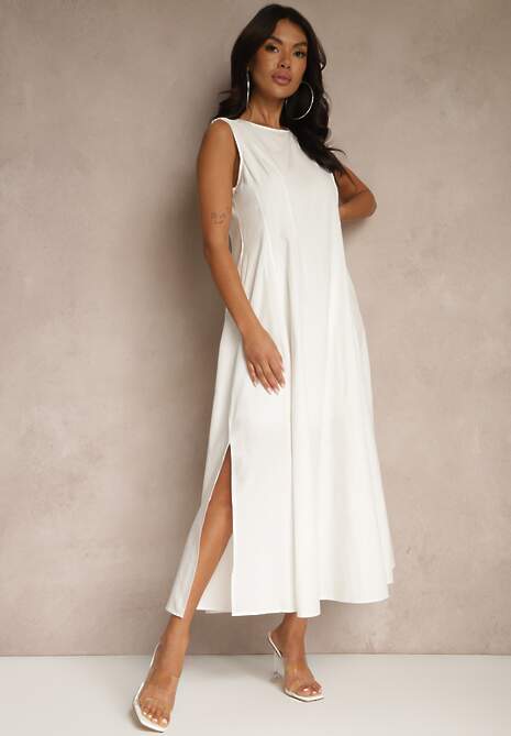 Biała Sukienka Rozkloszowana z Wiskozą Bawełną i Rozcięciem na Nogę Saravisse