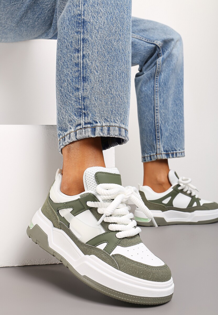 Zielono-Białe Płaskie Casualowe Sneakersy ze Sznurowaniem i Transparentnym Elementem z Tyłu Gamarie