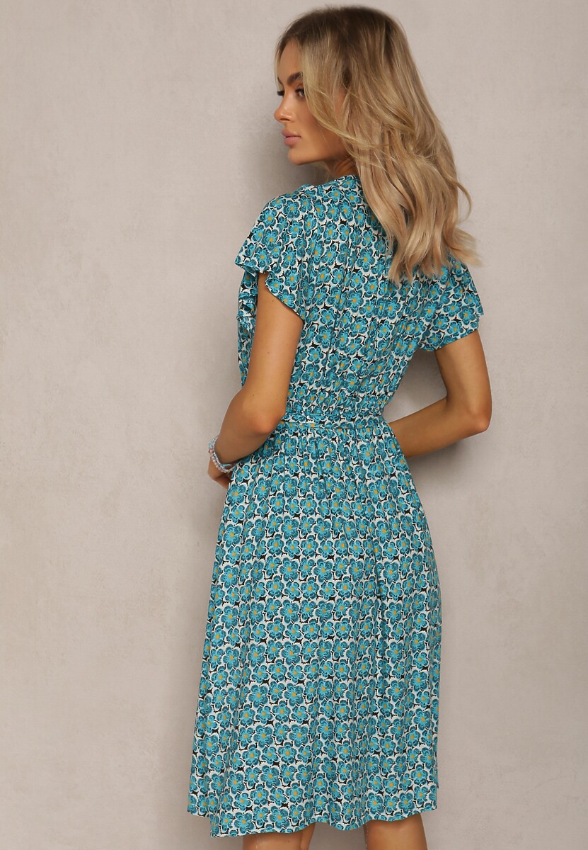 Niebieska Letnia Sukienka Kopertowa Wiązana w Pasie z Wiskozy Meridase