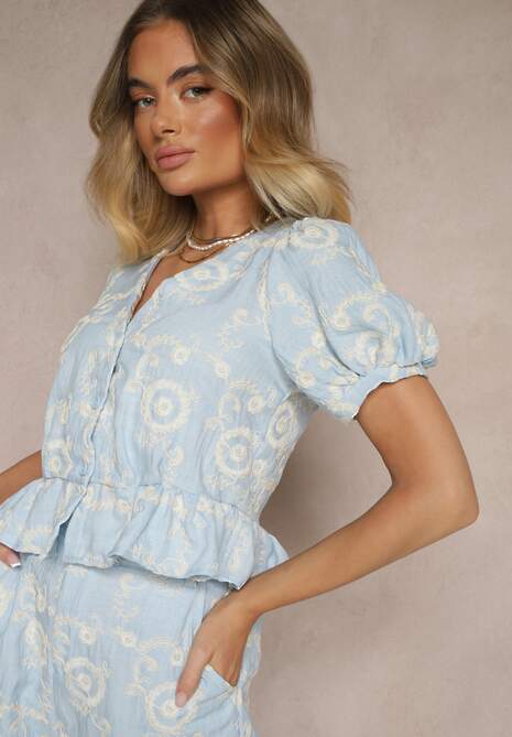 Jasnoniebieska Bluzka z Bawełny Ozdobiona Haftem Talseli