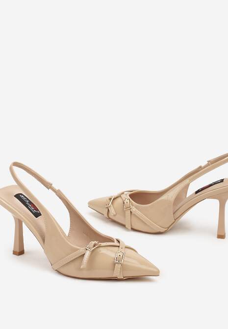Beżowe Czółenka z Lakierowanym Połyskiem Ozdobione Sprzączkami Acinda