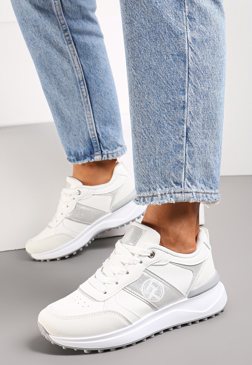 Białe Sznurowane Sneakersy z Brokatem i Siateczką na Grubej Podeszwie Leviria