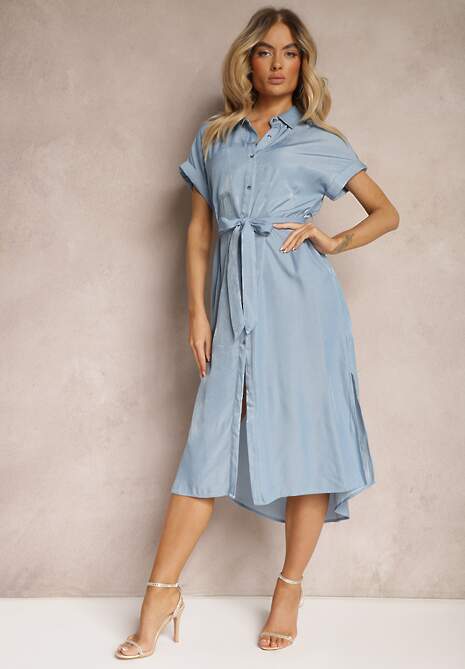 Niebieska Koszulowa Sukienka z Rozcięciem Zapinana na Guziki Wiązana Materiałowym Paskiem Nestarina