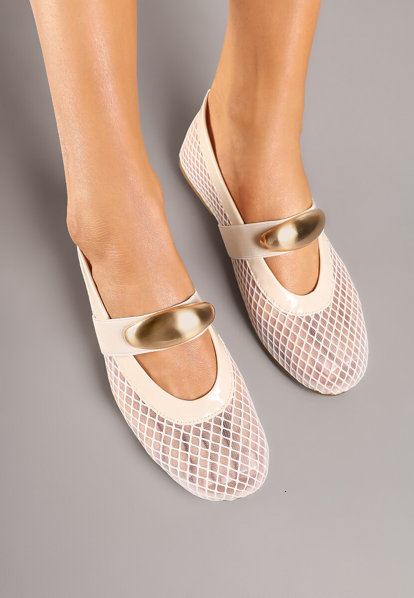 Beżowe Balerinki z Siateczkową Cholewką i Metaliczną Aplikacją Tathelisa
