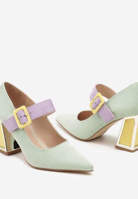 Jasnozielone Czółenka na Słupku z Metalicznymi Wstawkami i Paskiem Enavina