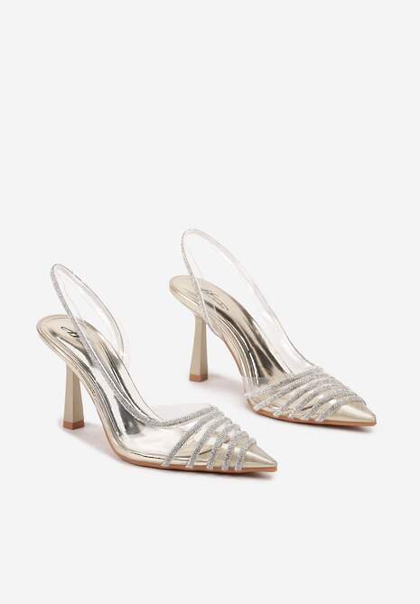 Złote Transparentne Sandały na Obcasie ze Szpiczastym Noskiem i Cyrkoniami Felissin