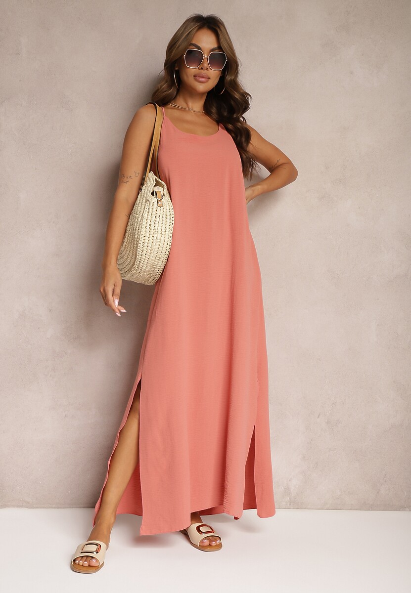 Różowa Sukienka na Ramiączkach o Taliowanym Kroju Rivatta