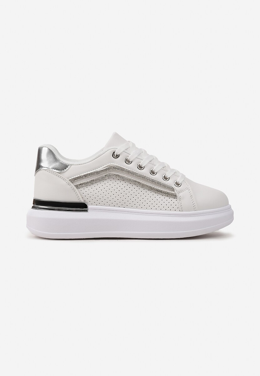 Biało-Srebrne Sneakersy na Platformie z Perforacją i Lamówkami z Cyrkoniami Zumina