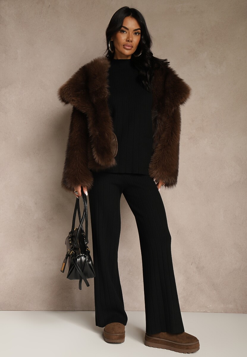 Czarny Komplet Dzianinowy Spodnie o Szerokim Kroju i Sweter Półgolf Datusa