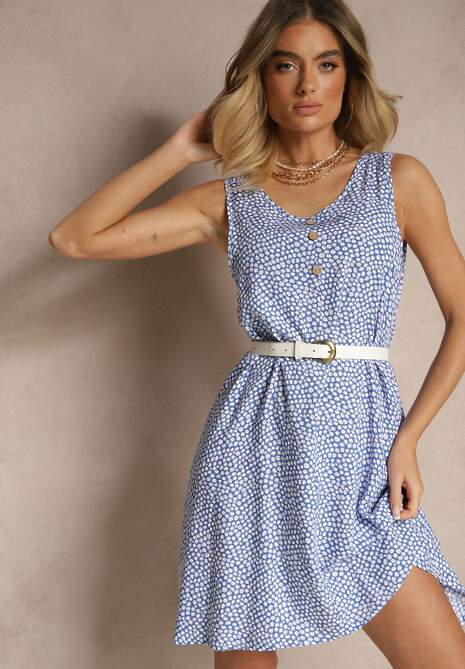 Niebieska Sukienka Rozkloszowana z Bawełny z Guzikami i Kwiatami Lisariela