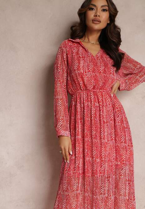 Czerwona Rozkloszowana Sukienka z Metaliczną Nitką i Sznurkiem Vivlit