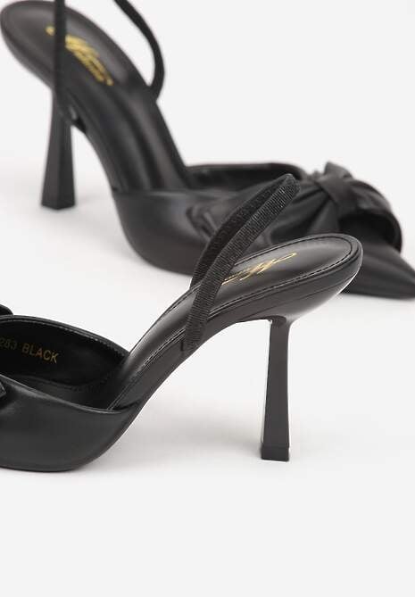 Czarne Sandały na Szpilce Slingback Ozdobione Kokardą Terrafera