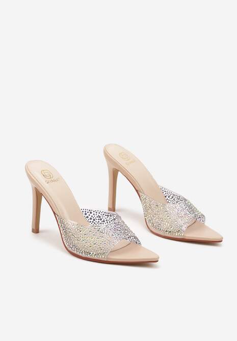 Beżowe Klapki na Szpilce Ozdobione Przezroczystą Cholewką i Cyrkoniami Lorfitia