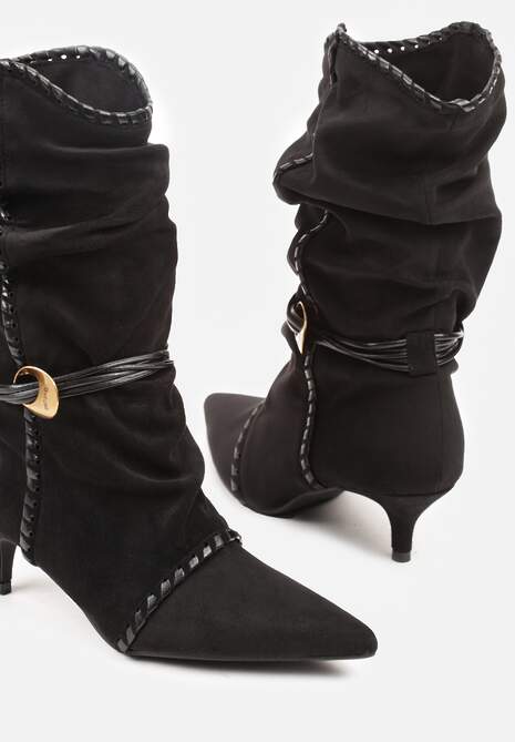 Czarne Botki na Kaczuszce Slouchy Ozdobione Metaliczną Aplikacją i Sznurkiem Avodvire