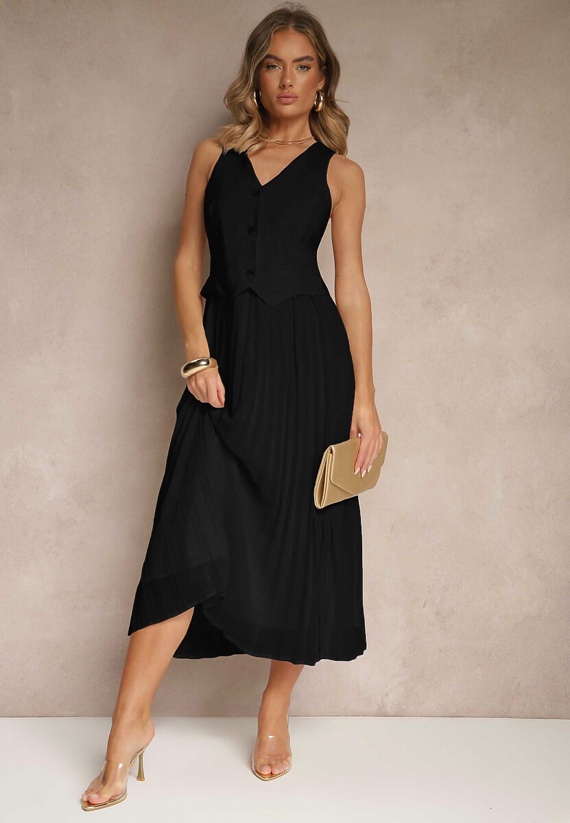 Czarna Wiskozowa Sukienka z Plisami i Wszytą Kamizelką Silitha