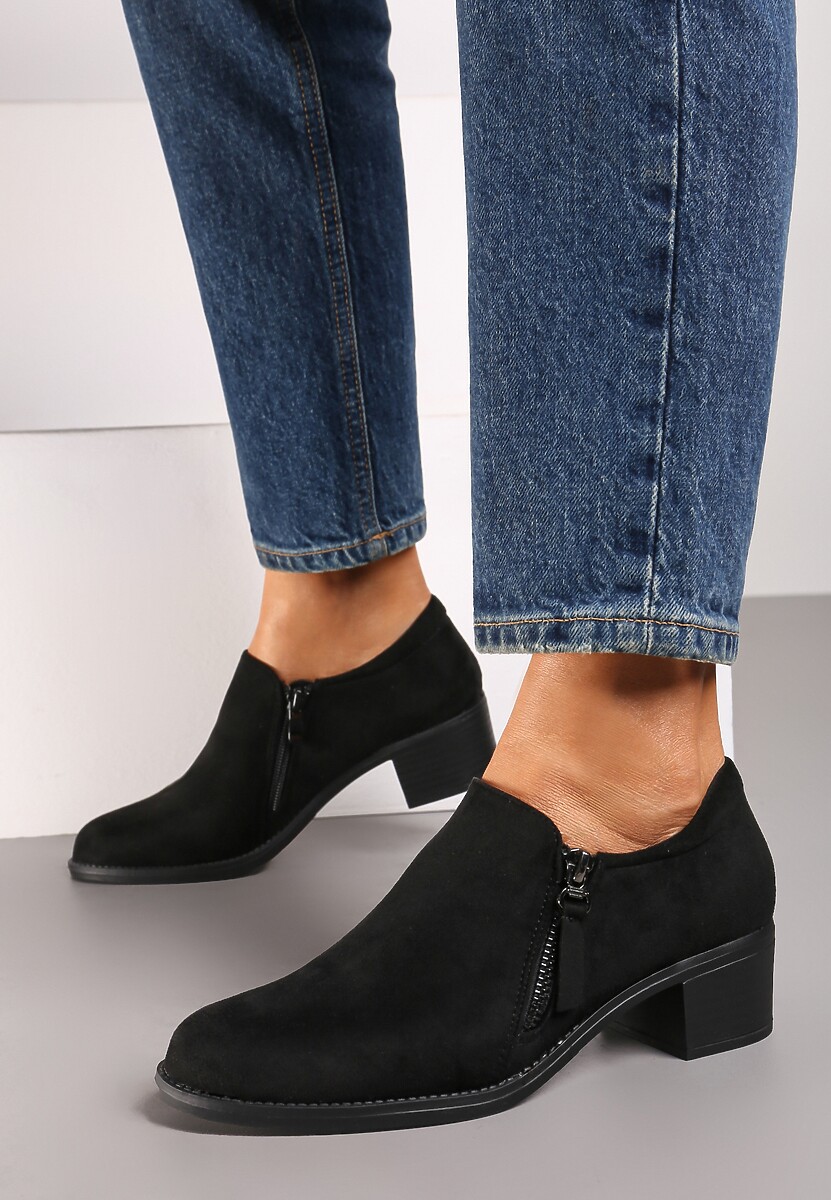 Brązowe Półbuty na Słupku z Niską Cholewką Ozdobioną Suwakiem Ansolee