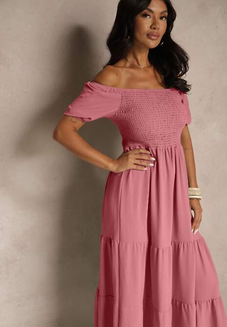 Ciemnoróżowa Sukienka Hiszpanka z Marszczoną Górą Lumirielle