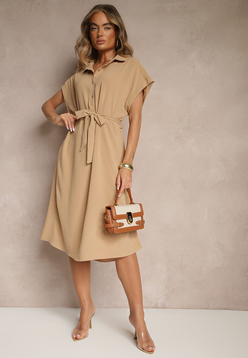 Jasnobrązowa Pudełkowa Sukienka z Bawełną i Paskiem Savorienne