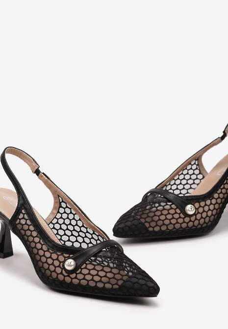 Czarne Ażurowe Sandały z Ozdobą na Froncie z Perełką Abetia