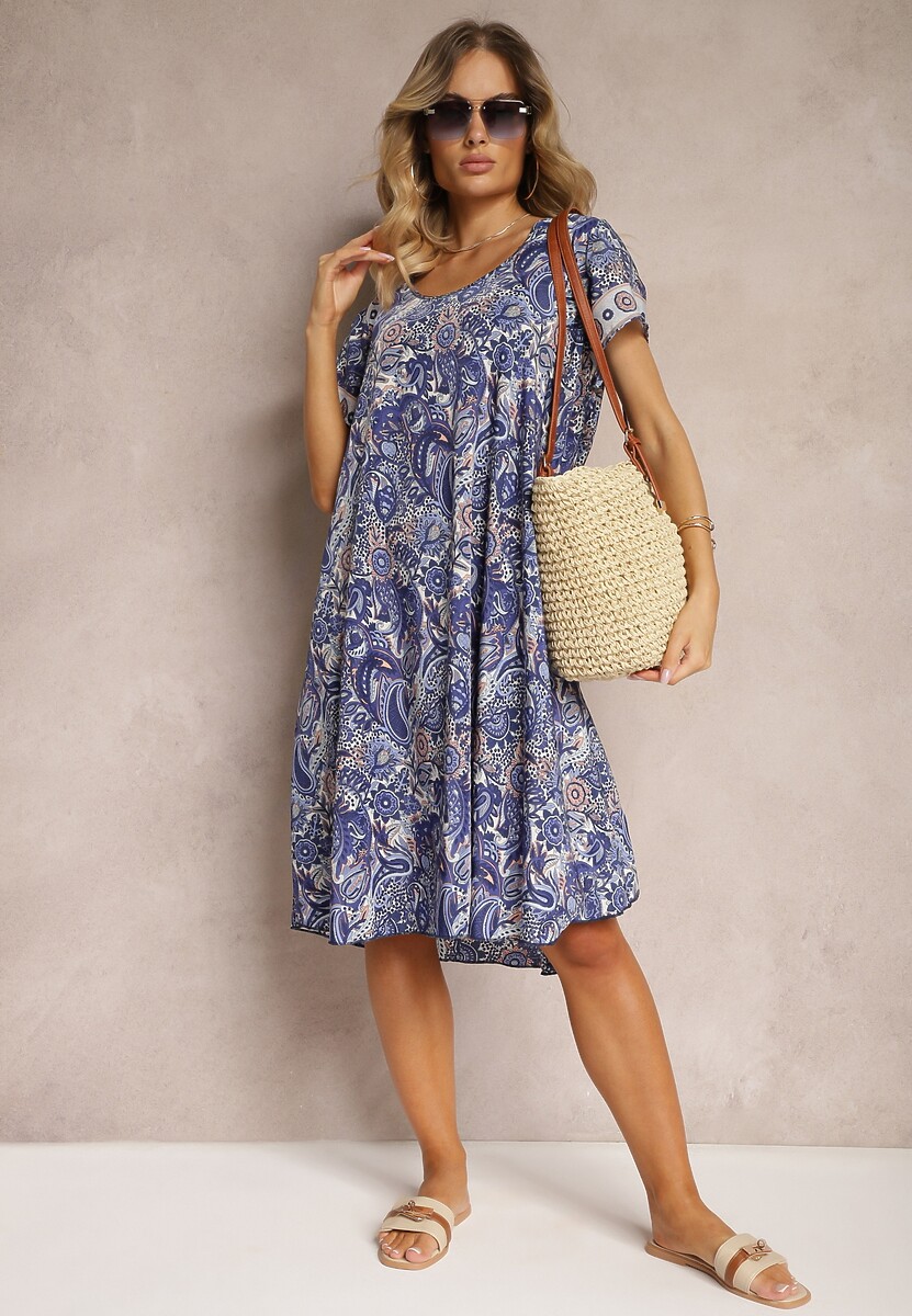 Granatowa Sukienka Boho z Wiskozy z Cienkim Paskiem w Talii Rivasea