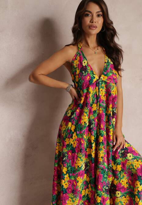 Żółto-Fuksjowa Kwiecista Sukienka Maxi z Wiskozy z Wiązaniem na Szyi i Plecach Lunka