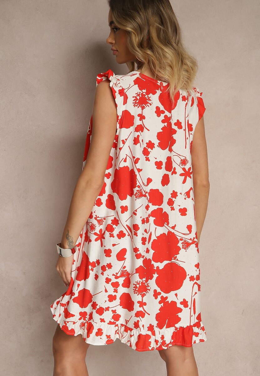 Czerwona Sukienka z Lnem o Pudełkowym Kroju Bez Rękawów z Cyrkoniami Nidellis