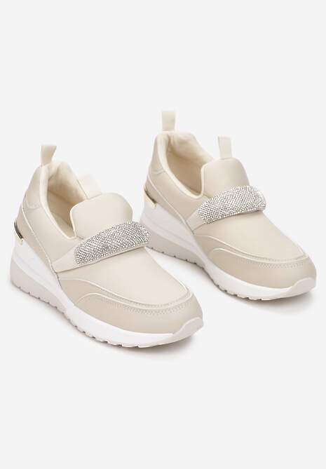 Beżowe Sneakersy no Koturnie z Metaliczną Wstawką Roselie