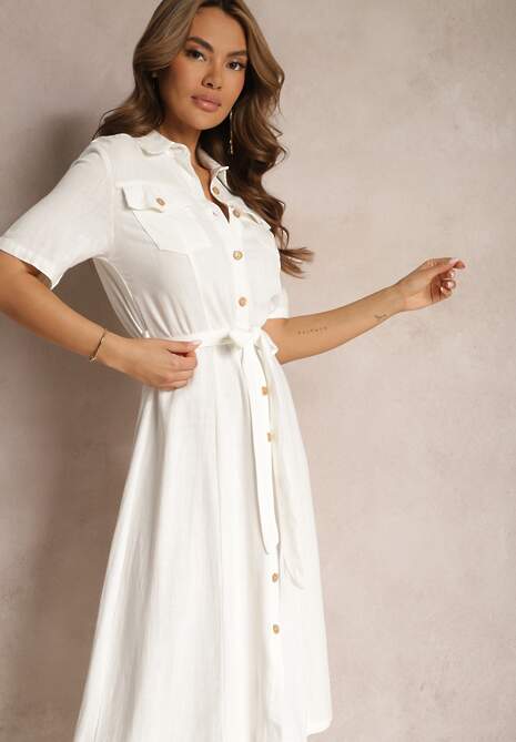 Biała Wiskozowa Sukienka z Lnem i Guzikami oraz Krótkim Rękawem Ozdobiona Materiałowym Paskiem Gracilla