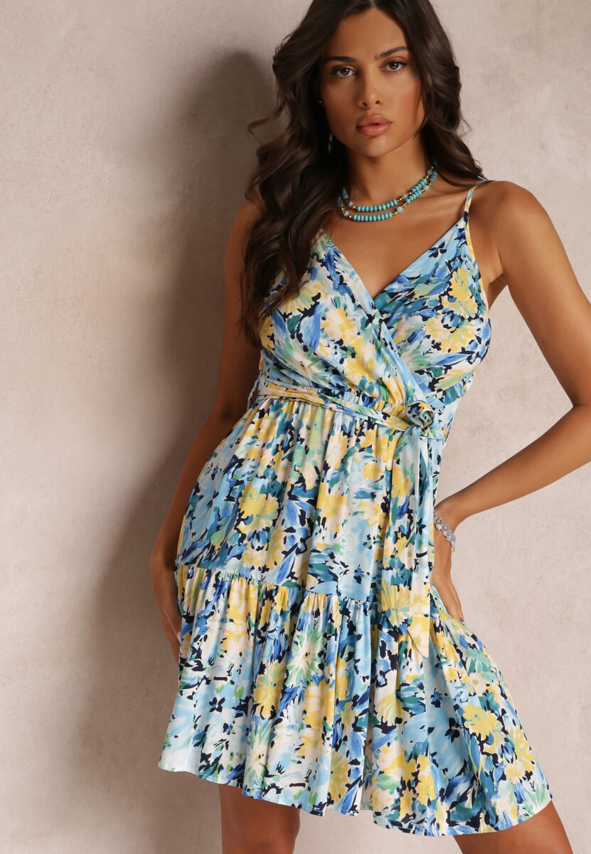 Niebieska Wiskozowa Sukienka Mini na Cienkich Ramiączkach z Gumką w Talii Karatta