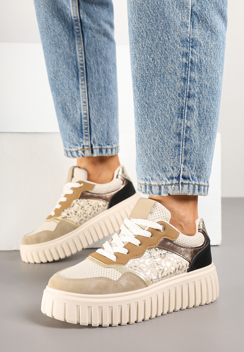 Beżowe Sneakersy na Platformie z Tłoczeniami Zdobione Panterkowym Printem Herraza