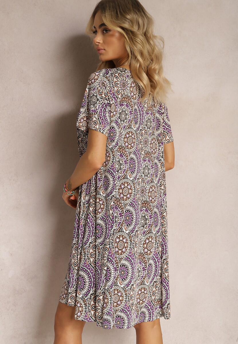 Fioletowo-Żółta Krótka Sukienka w Stylu Boho z Elastycznej Wiskozy z Krótkimi Rękawami Ailoni