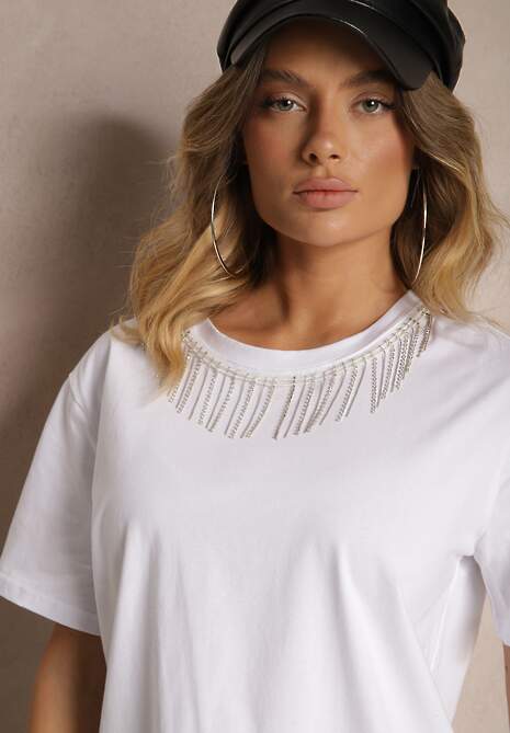 Biały T-shirt z Bawełny z Krótkim Rękawem i Ozdobnymi Cyrkoniami przy Dekolcie Vilefia