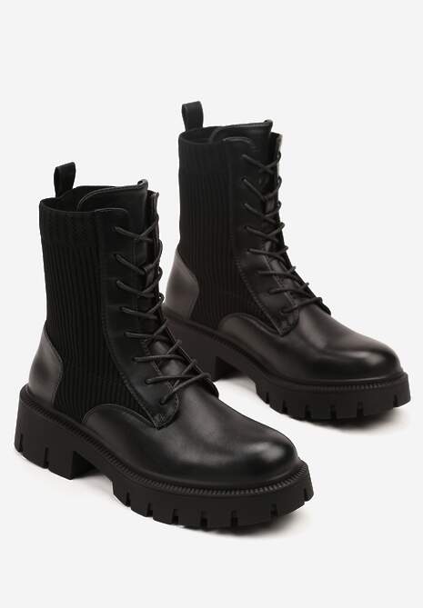 Czarne Botki Workery Ozdobione Skarpetową Cholewką Apolii