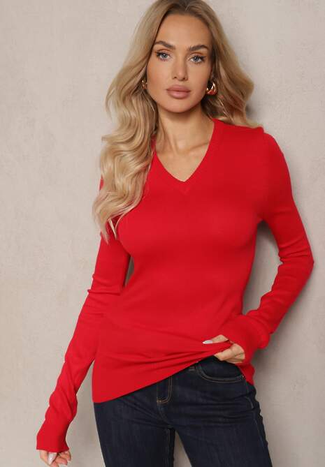 Czerwony Casualowy Sweter z Dekoltem w Serek Amitta