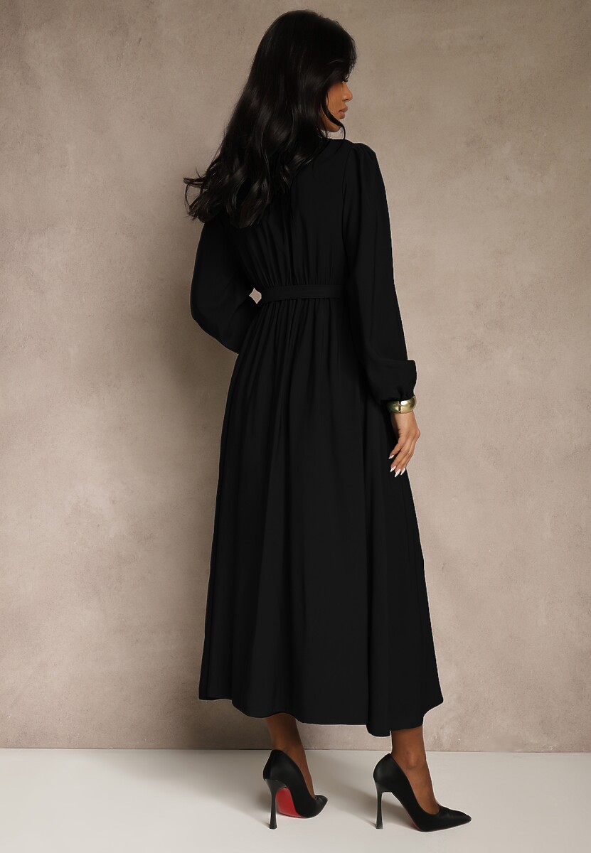 Czarna Rozkloszowana Sukienka z Wiskozy z Paskiem ze Sprzączką Orille