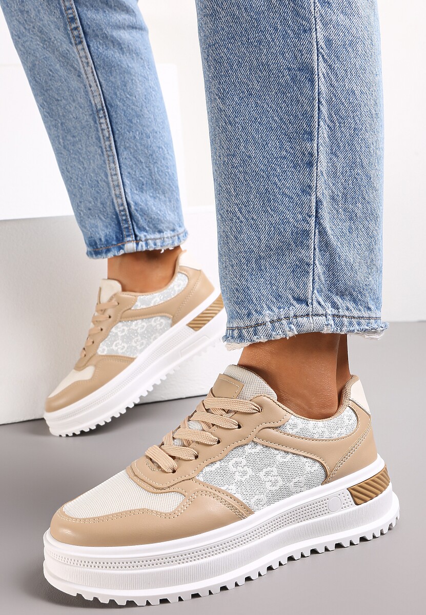Ciemnobeżowe Sznurowane Sneakersy z Brokatem  na Grubej Podeszwie z Wycięciami Amena
