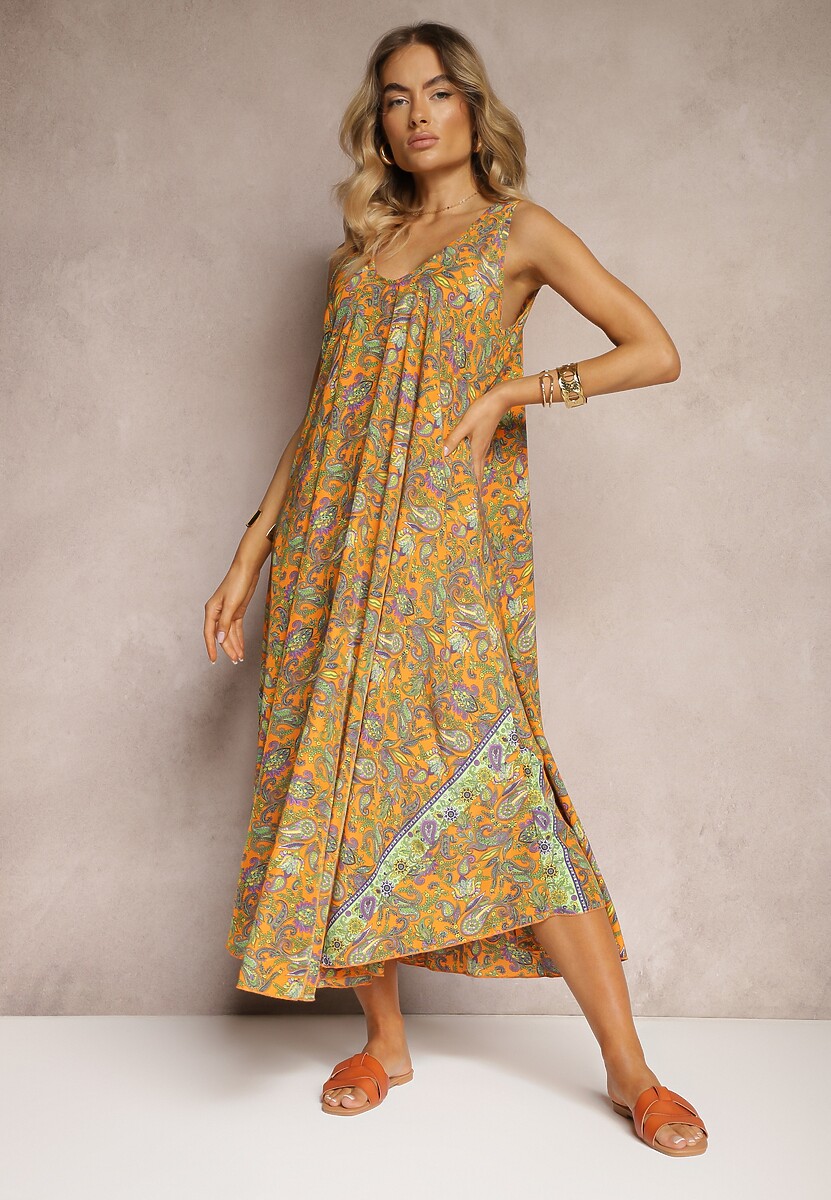 Żółta Sukienka z Wiskozy o Rozkloszowanym Kroju Bez Rękawów Fradea