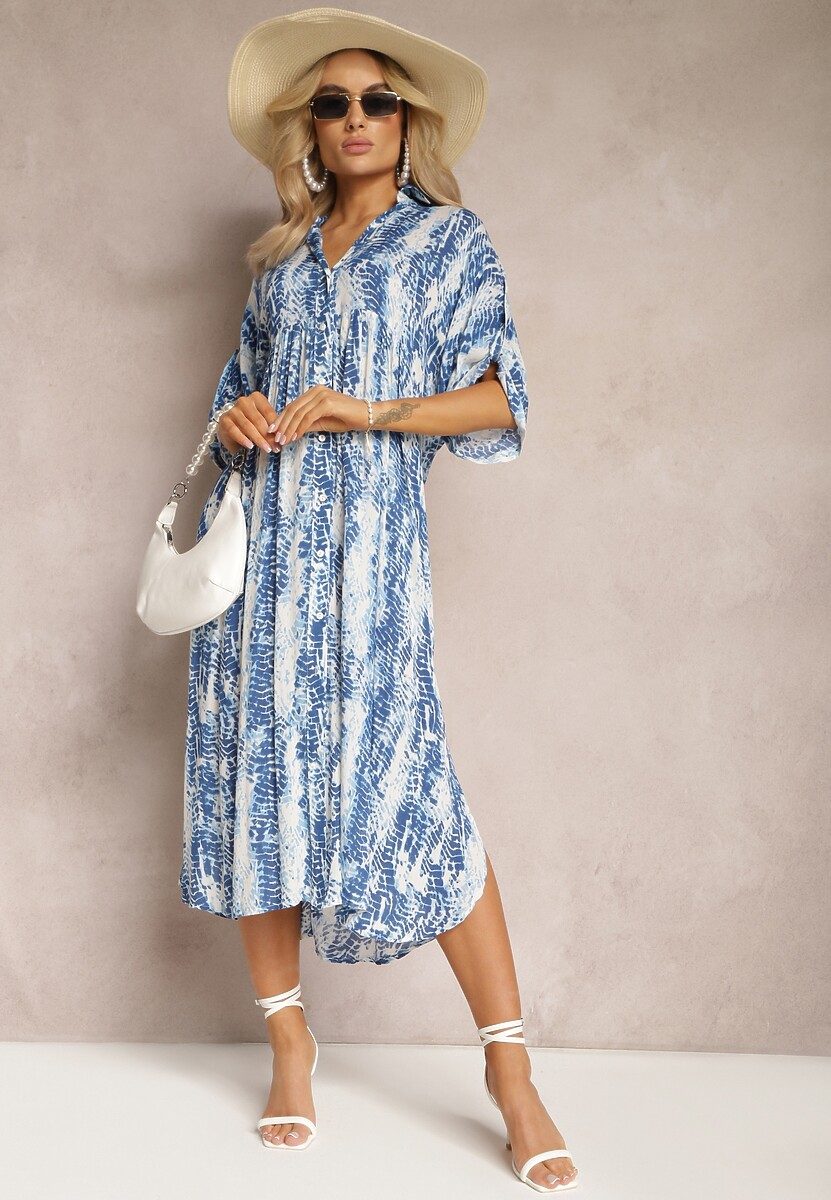 Niebieska Rozkloszowana Sukienka z Kołnierzykiem z Wiskozy z Modnym Wzorem Ilvana