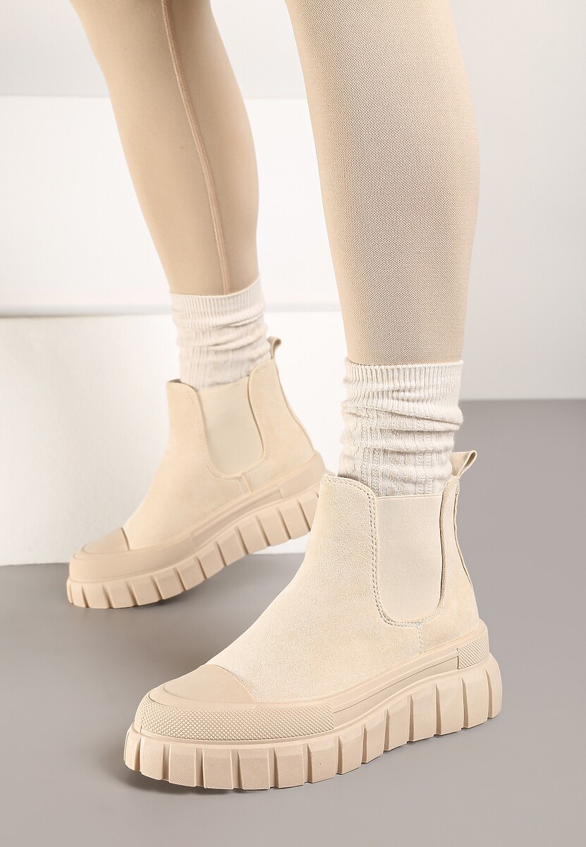 Beżowe Botki Sztylety za Kostkę na Platformie Divita