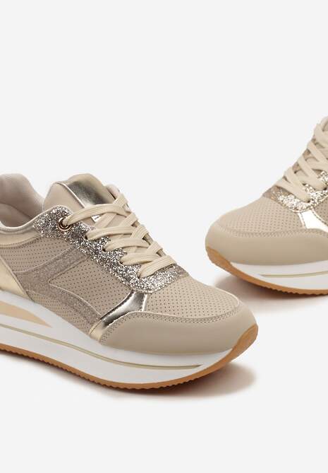 Beżowe Sneakersy na Grubej Podeszwie w Paski Zdobione Brokatem Selarissa