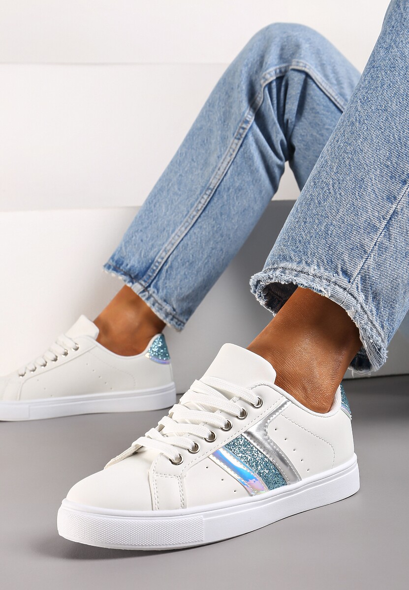 Biało-Niebieskie Casualowe Sneakersy z Brokatem i Metalicznym Zdobieniem Tidalis