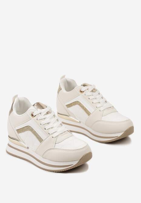 Beżowe Sneakersy na Ukrytym Koturnie Ozdobione Brokatem i Metaliczną Wstawką Infora