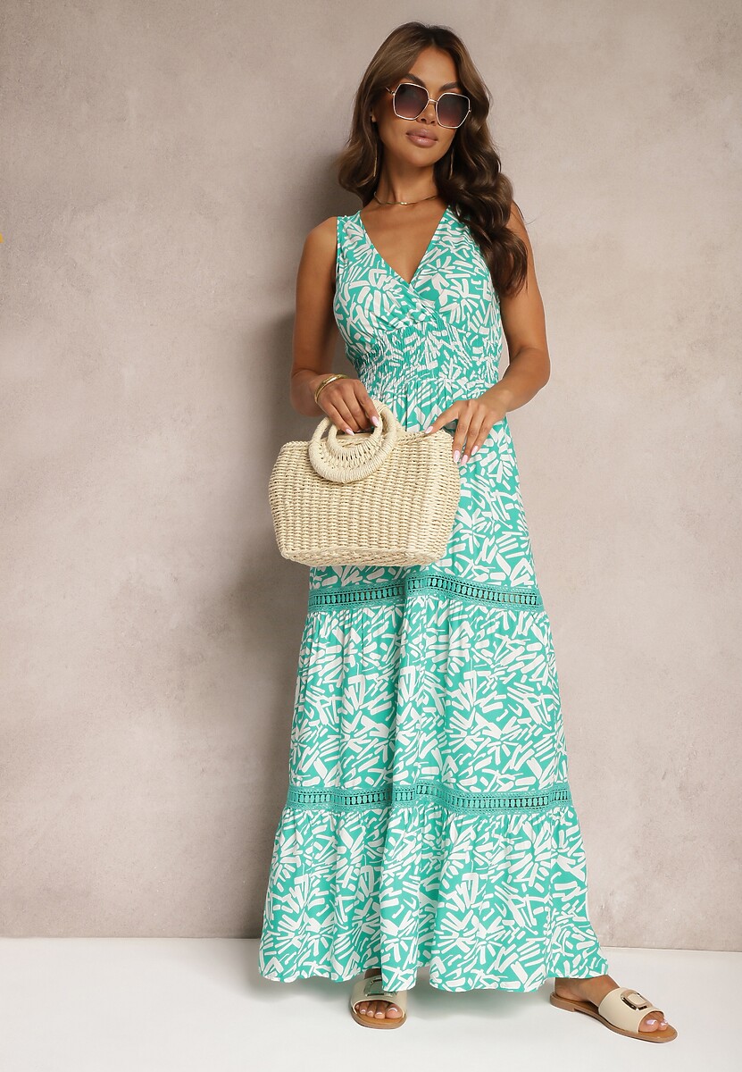 Zielona Taliowana Sukienka z Bawełny na Ramiączkach z Gumką w Pasie Yalnena