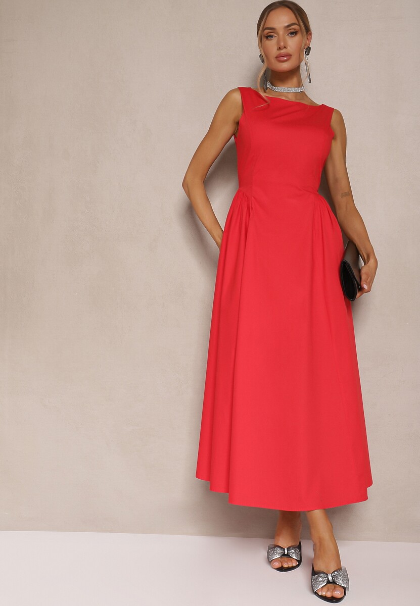 Czerwona Rozkloszowana Sukienka z Bawełny Haladrea