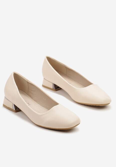 Beżowe Czółenka na Niskim Słupku z Wkładką ze Skóry Naturalnej Niline