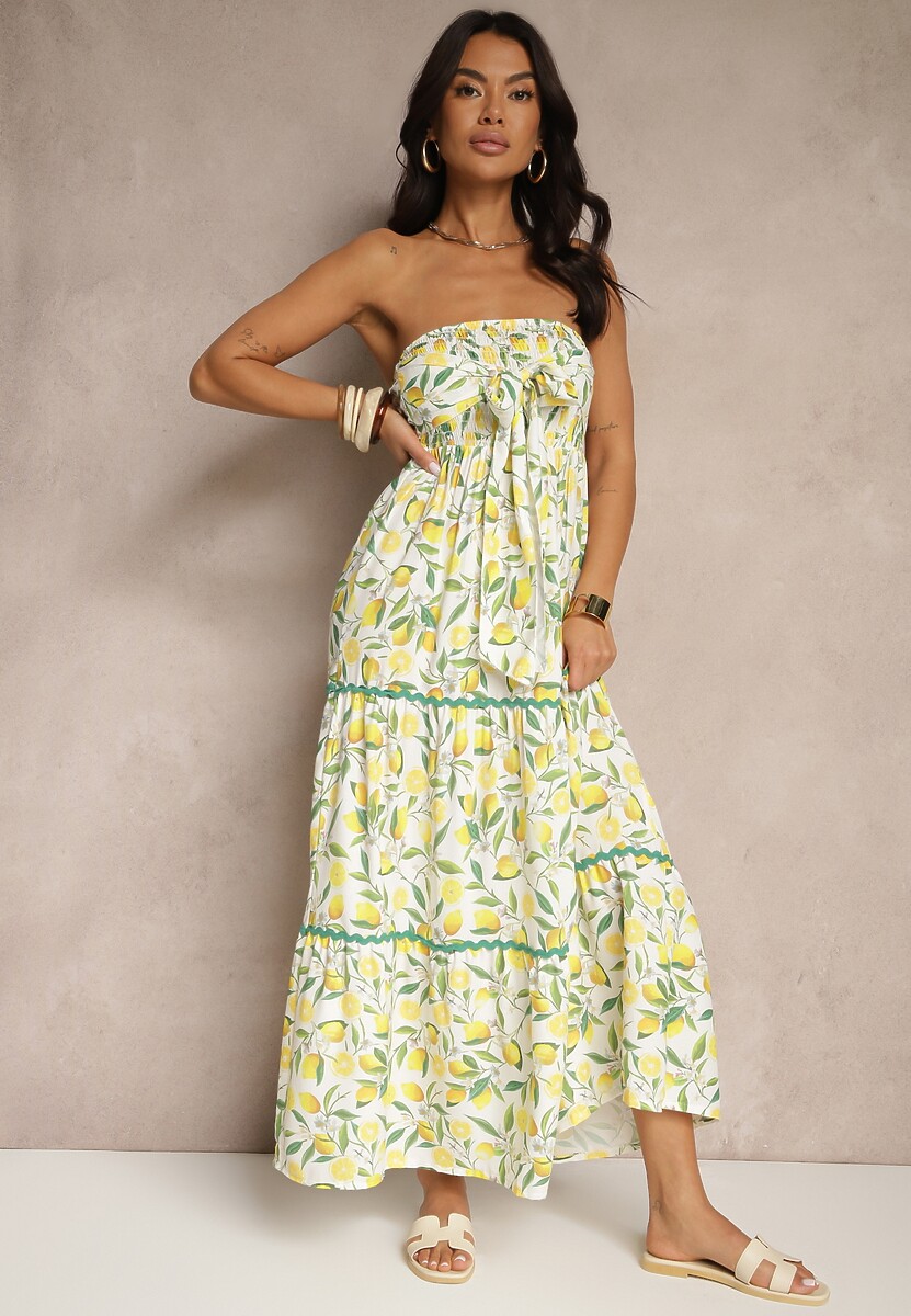 Różowa Sukienka Ozdobiona Kokardą i Motywem Cytryn Galionea